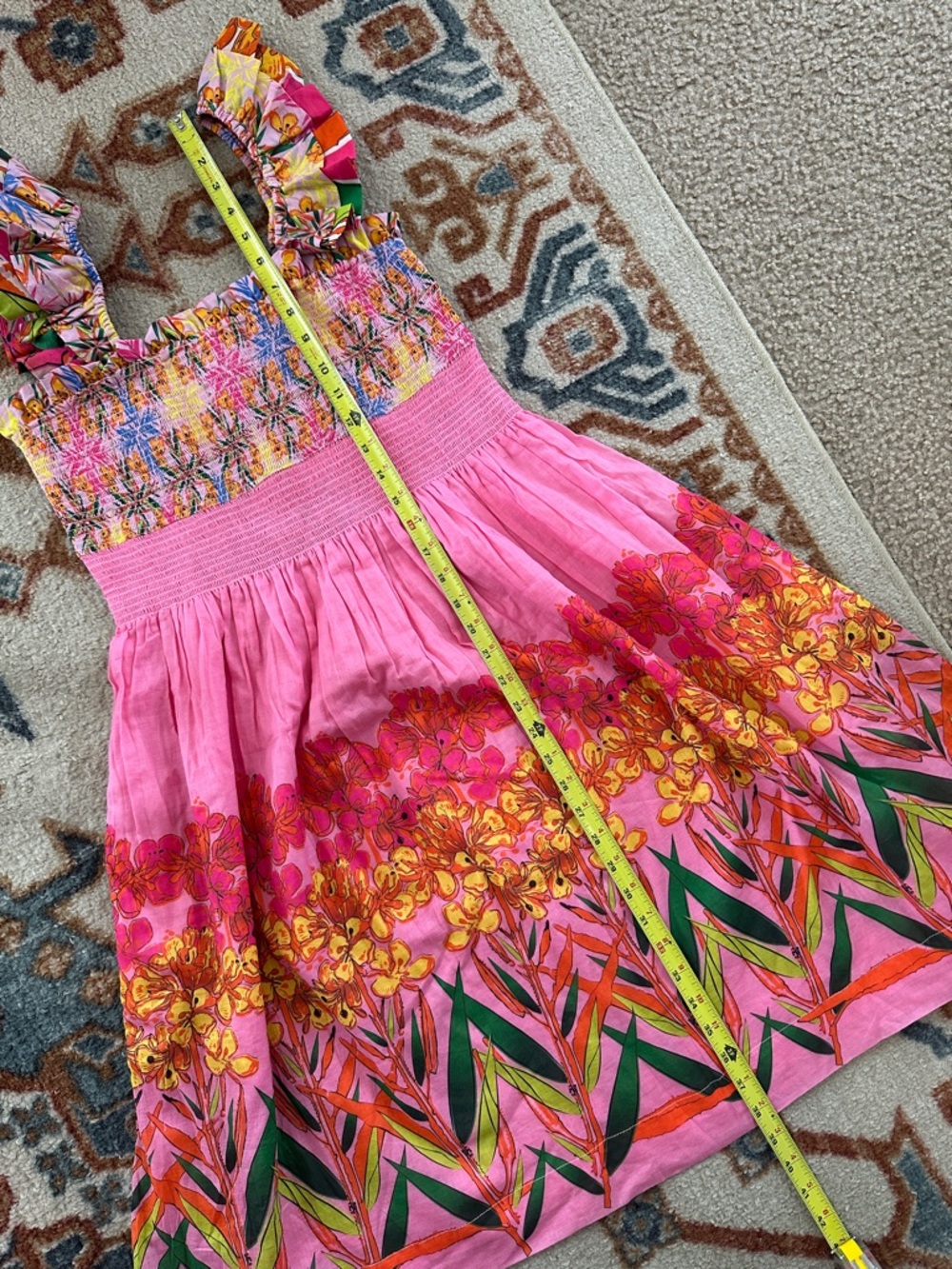 Anthropologie Roopa Pemmaraju Floral Smocked Dress Pink Ruffle Cotton Sundress M - Picture 6 of 11
